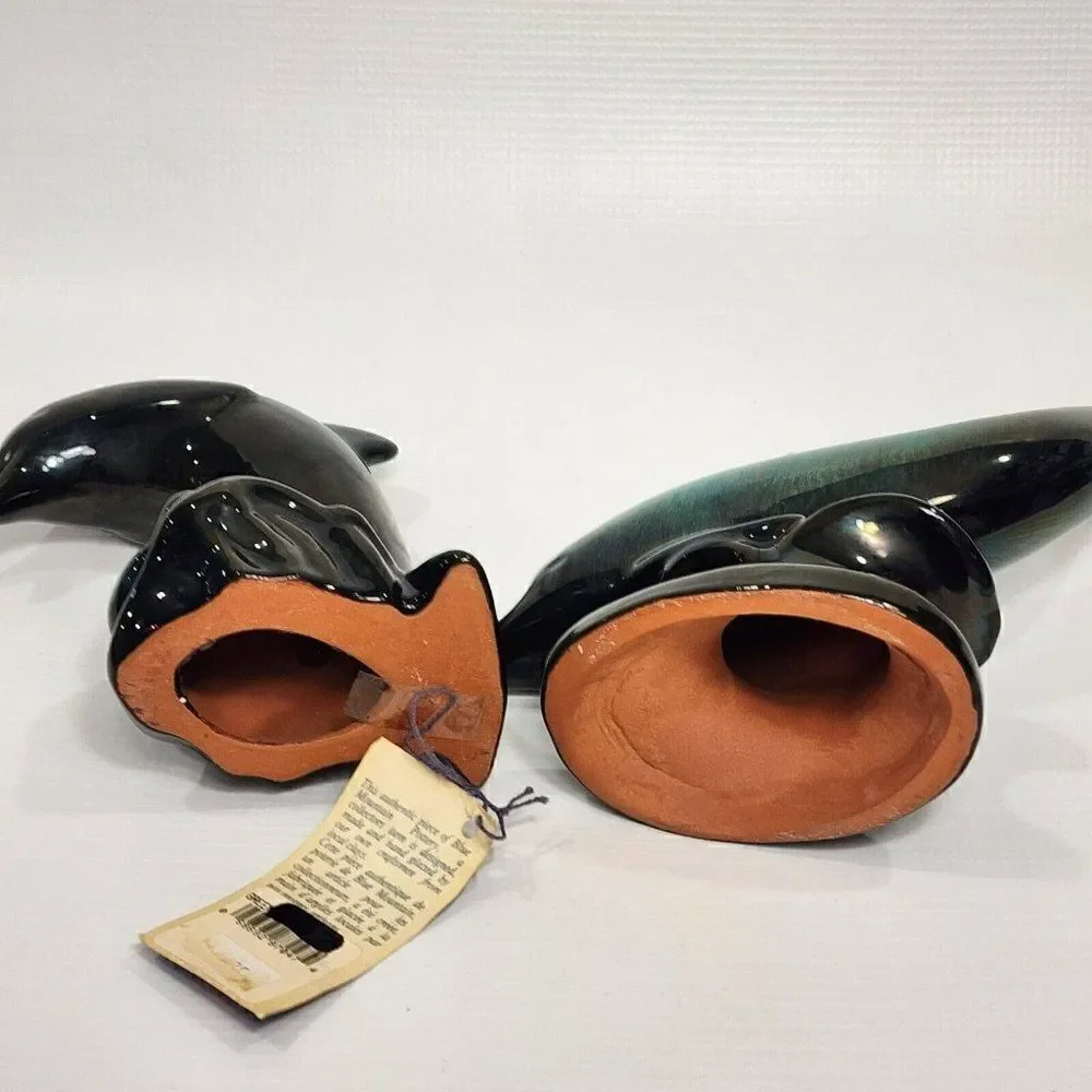 2 Vintage Blue Mountain‎ Pottery Big Dolphin Figures Retro Home Decor - Picture 10 of 10